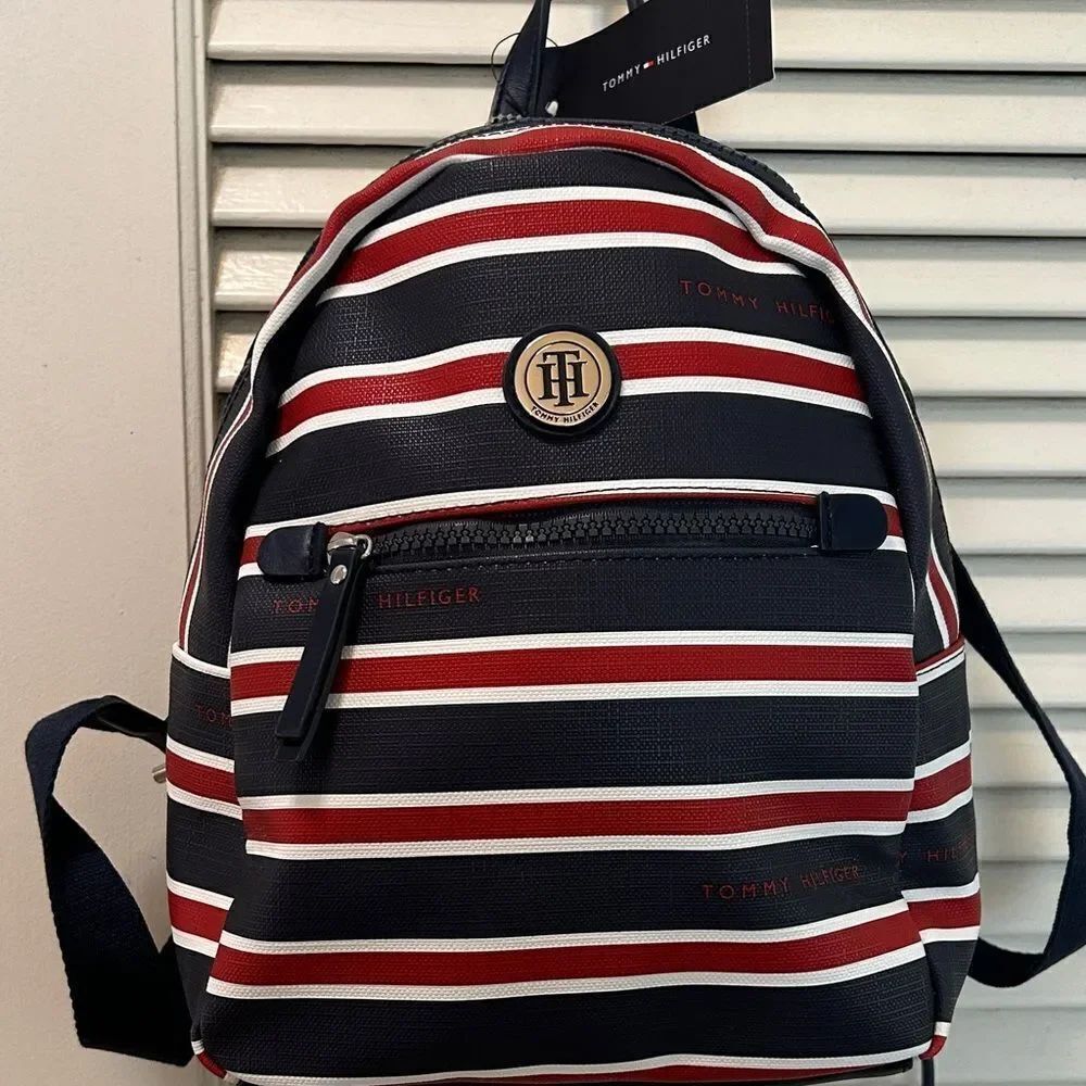 Tommy Hilfiger 🇺🇸 Nautical🛥️Striped Backpack🎒Adj straps roomy interior Vegan 🌱